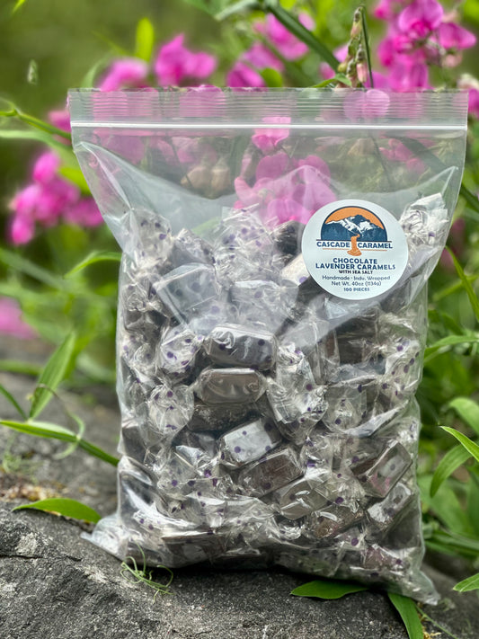 Chocolate Lavender Caramels with Sea Salt - 100pc bulk bag
